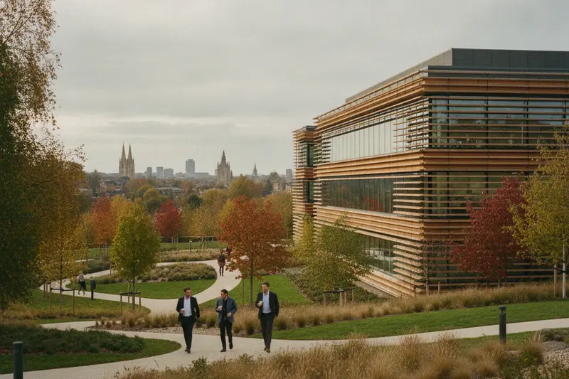 A modern glass and timber building on a landscaped science park